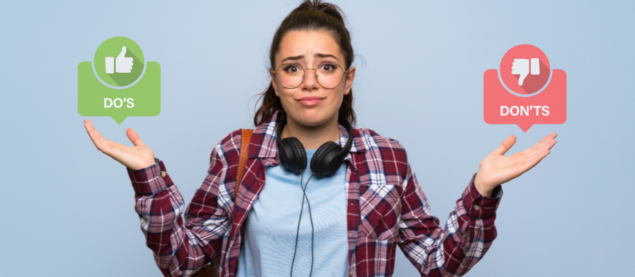 Latina teen in plaid and glasses shrugs at camera, dos and don'ts pop ups