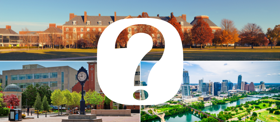 Three images of different types of college towns with question mark over top