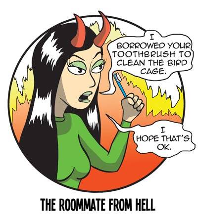 The Roommate From Hell, woman with black hair, devil horns, in green costume