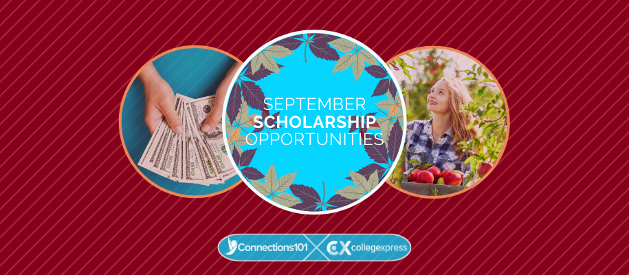 Circles with money, leaves, apple picking, September scholarship opportunities