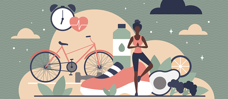 Digital art of Black woman doing yoga with a bike, water bottle, food, sneaker