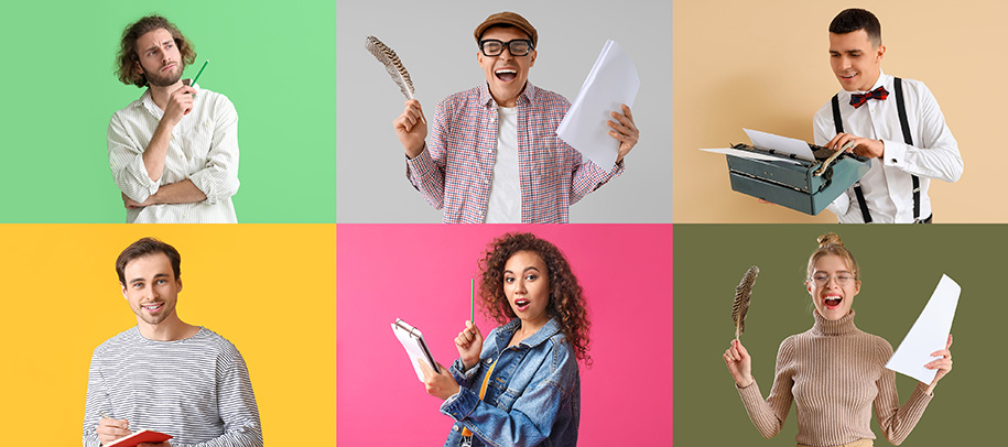 Six diverse people on various colored backgrounds with various writing untensils