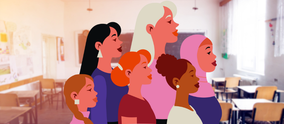 Colorful graphic of six diverse women facing to the right in classroom