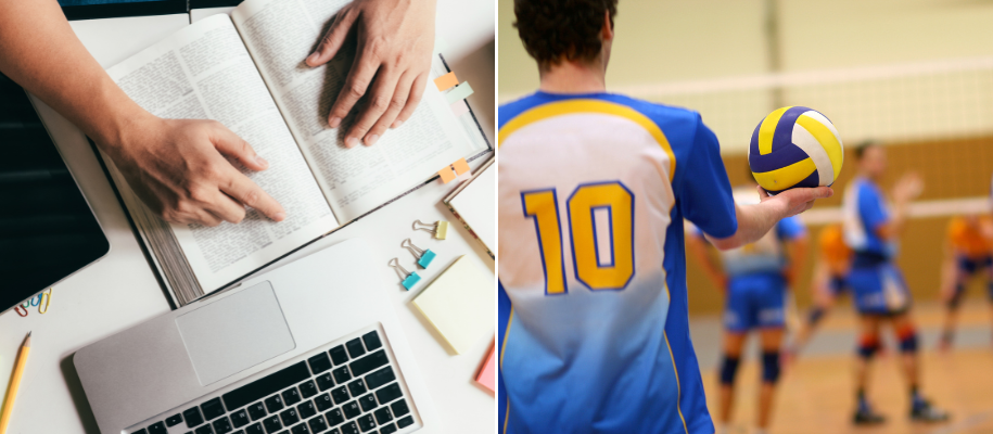 Collage of person studying with supplies & two football players in red uniforms