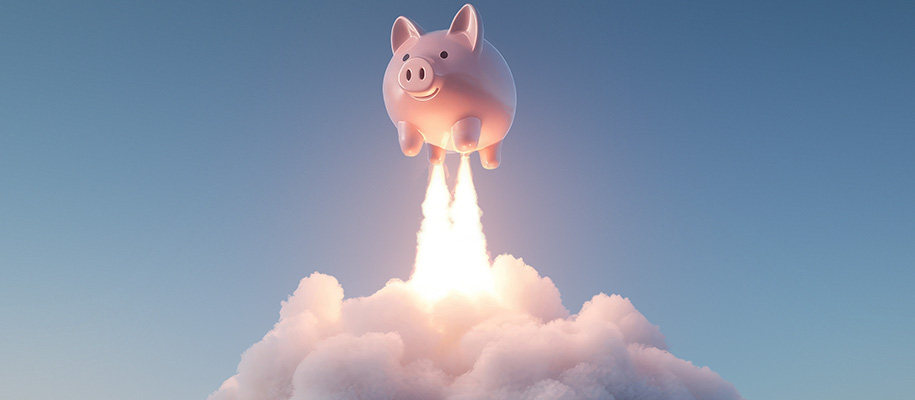 Piggy bank blasting off into space like a rocket with a plume of smoke