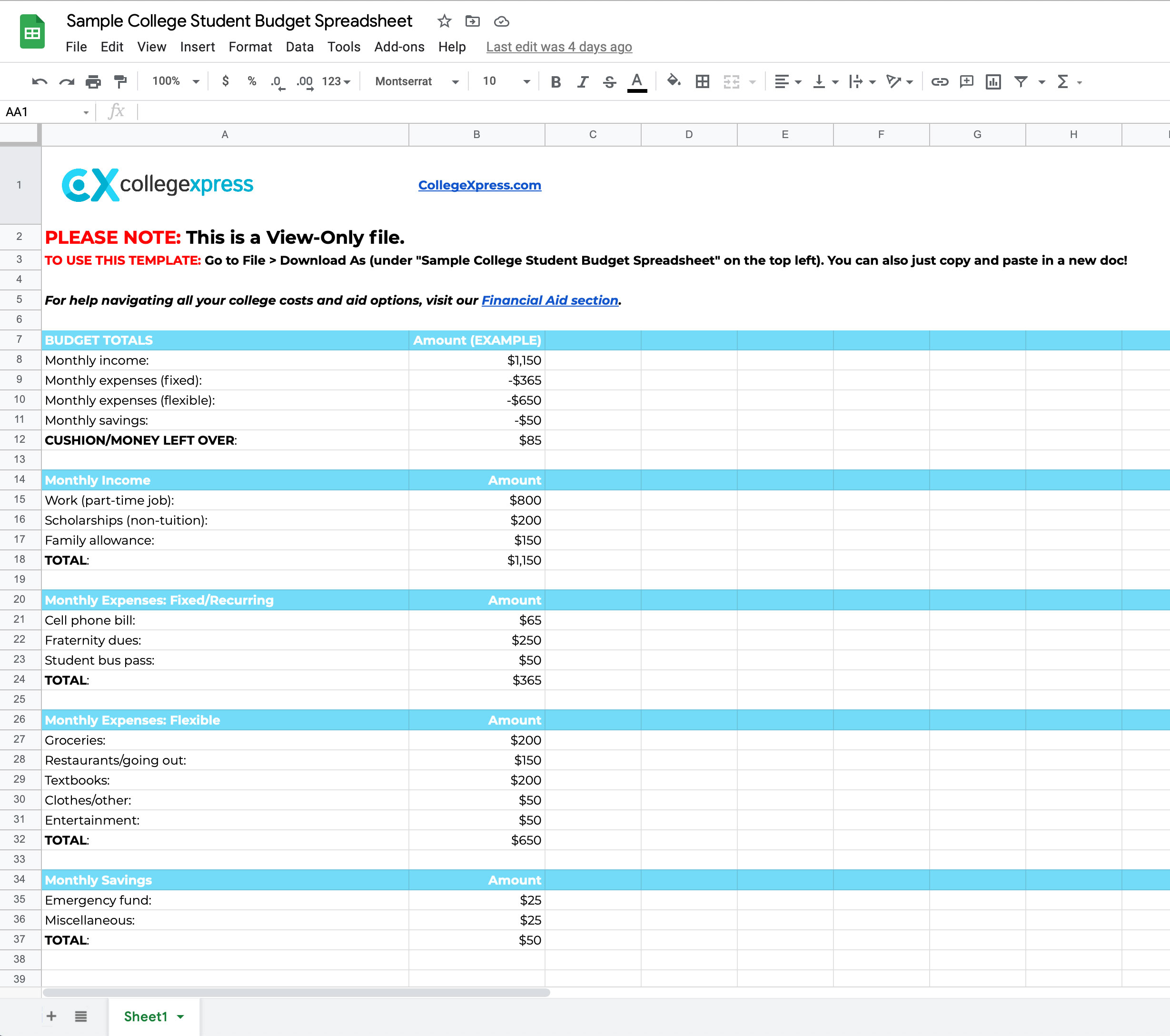 College Spreadsheet Template