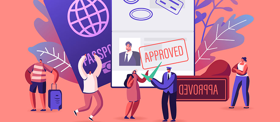 Illustration of people approved for visas with passports, bags, Approved stamp