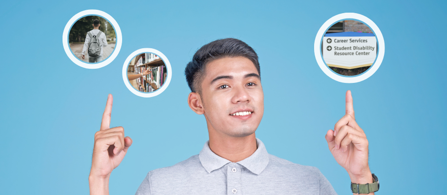 Young Asian man in grey shirt points at bubbles with college life images inside