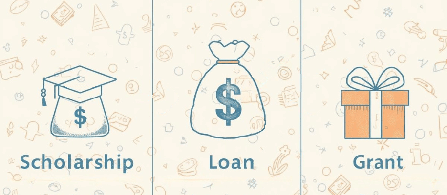 money bag with grad cap with scholarship, money bag with loan, gift grant