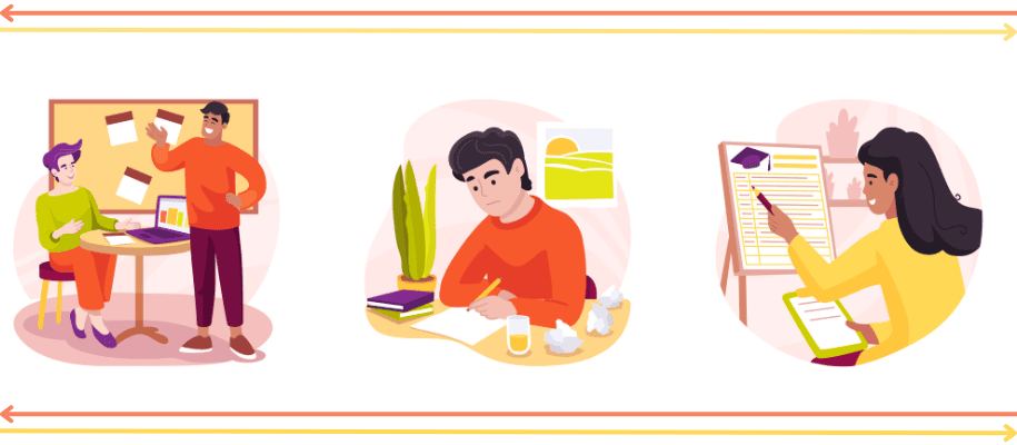 Digital art of person writing essay, finding recommender, submitting transcript