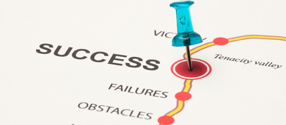 Map of path reading obstacles, failures, and more, blue push pin on success