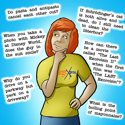 Cartoon of ginger woman in CollegeXpress shirt with questions surrounding