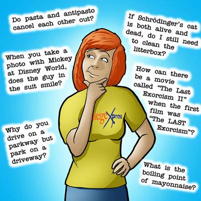 Cartoon of ginger woman in CollegeXpress shirt with questions surrounding