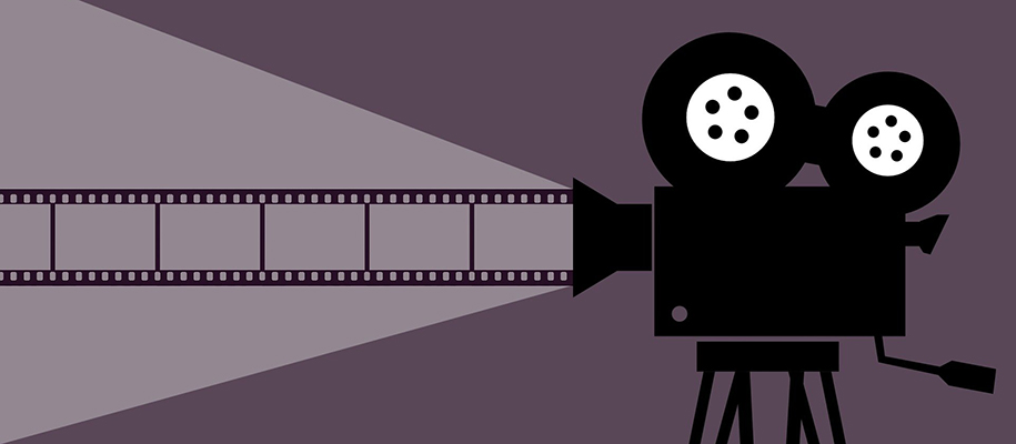 Graphic of film camera with light and film coming out of lens, purple background