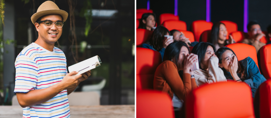 Asian man in striped shirt with book outside, three Asian women in movie theater