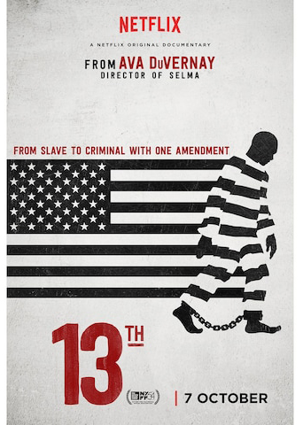 Poster for documentary 13th, drawing of American flag in black and white with stripes leading to incarcerated Black man
