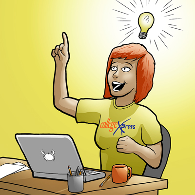 Cartoon of ginger woman in CollegeXpress shirt with lightbulb over head and laptop
