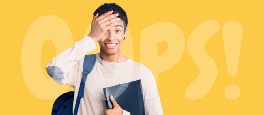 Black male with earrings, hand to face looking stressed, file folder, word oops