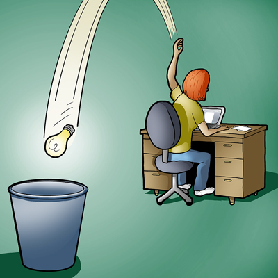 Cartoon of ginger woman in CollegeXpress shirt toss lightbulb in trash from desk