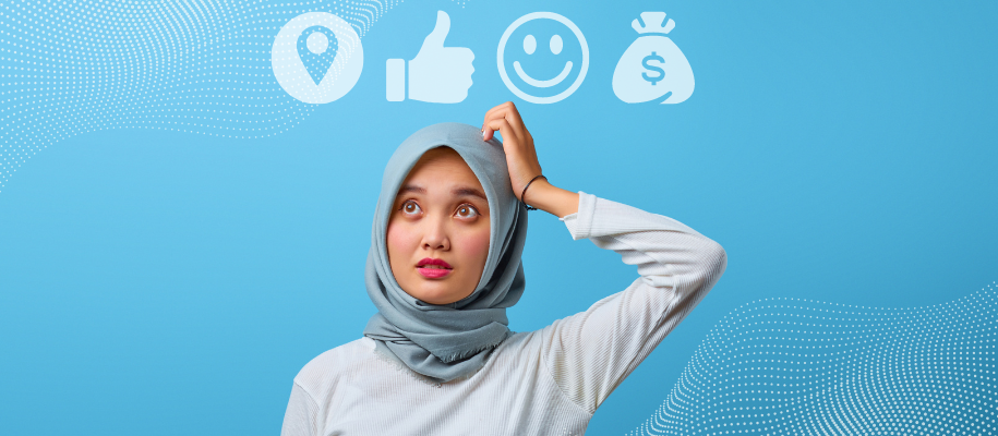 Asian woman in blue hijab with hand on head looking up, random icons above