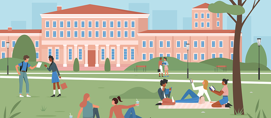 Colorful cartoon art of diverse students on college campus hanging out, talking