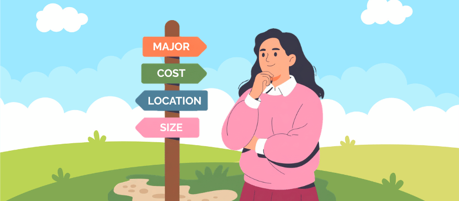 Illustration of a young woman thinking and looking at a directional sign post