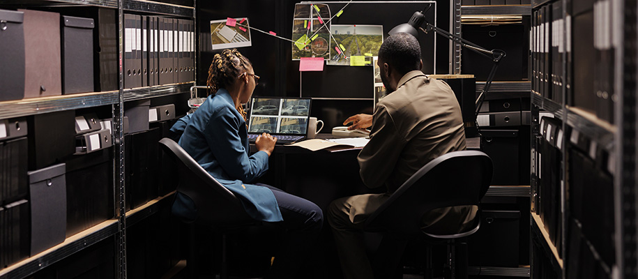 Two young Black detectives working in evidence room, looking at surveillance