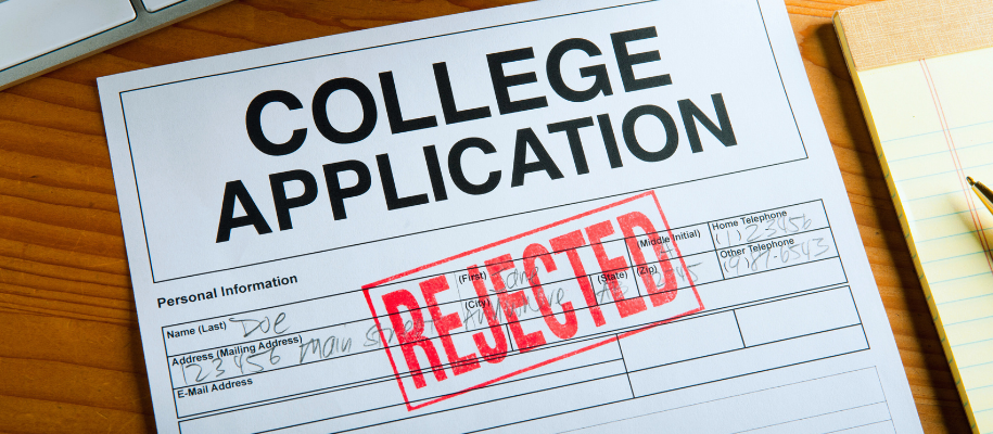 College application partially filled out with big rejected stamp over top