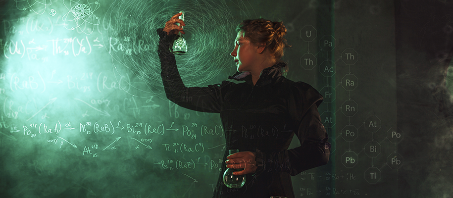 Women scientist holding up beaker in smokey room with floating calculations