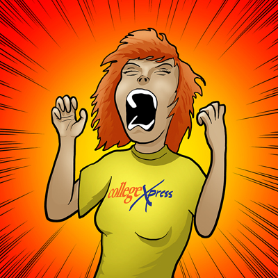 Cartoon of ginger woman in CollegeXpress shirt screaming