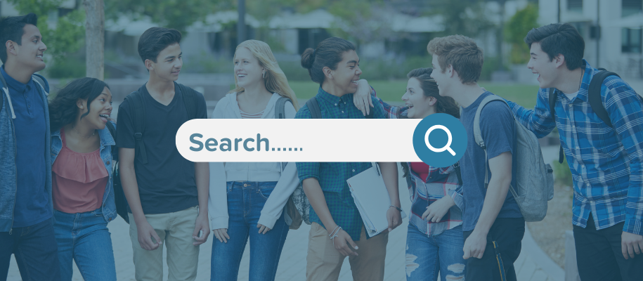 Group of diverse students smiling at each other outside, with search bar overlay