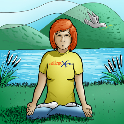 Cartoon of ginger woman in CollegeXpress shirt doing yoga by a river
