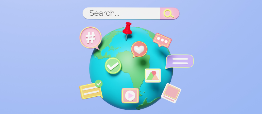 Digital art of globe with search bar, pin, and communication icons