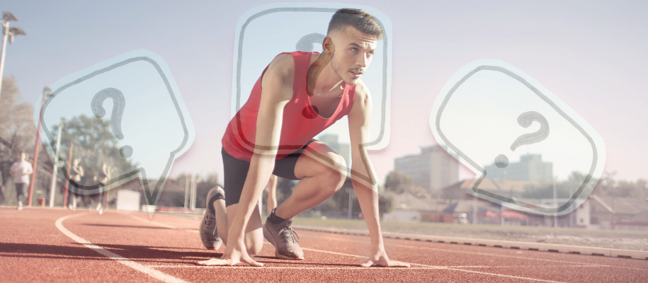 White male track runner in starting position overlayed with question mark paper