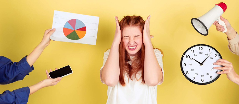 Ginger White woman covering ears, arms holding phone, clock, megaphone, chart