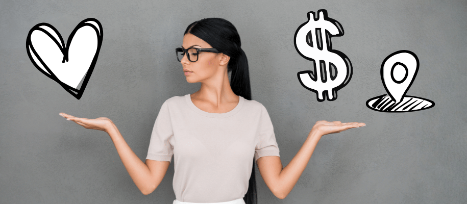 Young woman weighs heart in one hand and cost & location in other hand