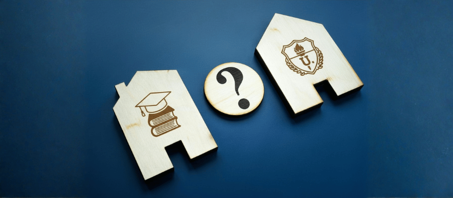 Two generic college icons on either side of a question mark