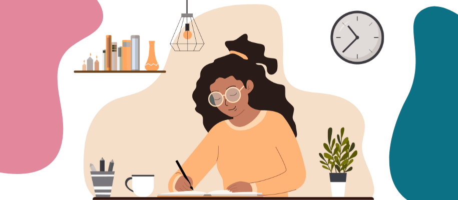Illustration of a student writing at home
