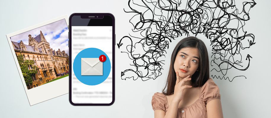 Young Asian woman with scribbles around head next to phone and photo of college