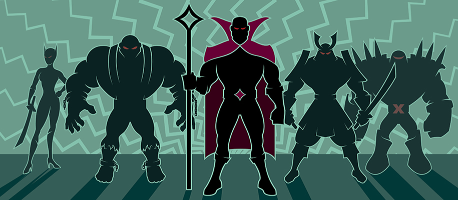 Five cartoon villains in silhouette with red eyes lined up on green backdrop