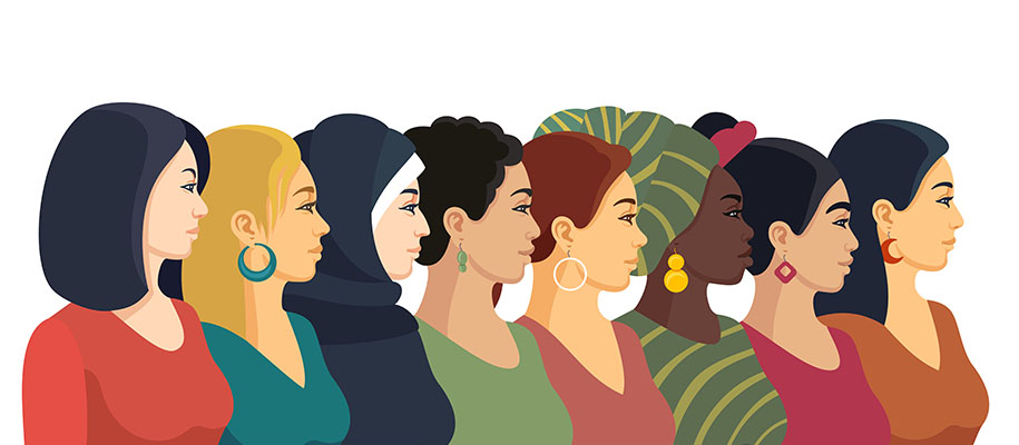 Digital drawing of seven diverse women looking into distance on white background