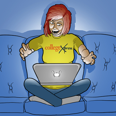 Cartoon of ginger woman in CollegeXpress shirt sitting on couch with laptop