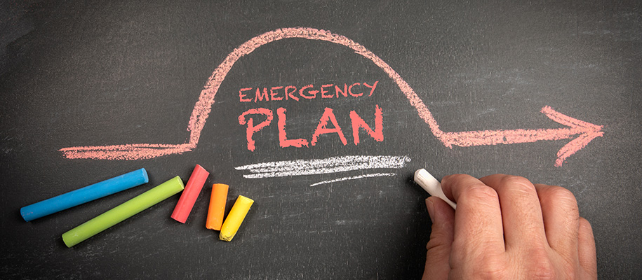Emergency plan in red chalk, domed arrow over top, hand underlining words
