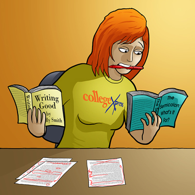 Cartoon of ginger woman in CollegeXpress shirt with pen in mouth, books, and edited papers
