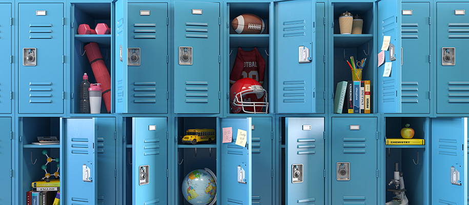 3D illustration of bank of lockers, some open with sports gear, books, suppliesa