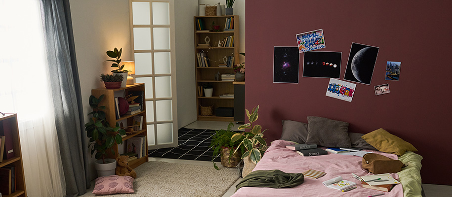 Cozy apartment with bed on the floor, burgundy walls, plants, bookshelf