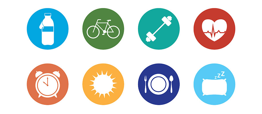 Collection of circle vector icons representing health, fitness, and nutrition