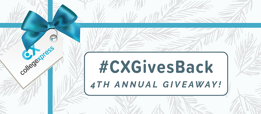 Graphic design of a present, CX gift tag, words #CXGivesBack 4th annual giveaway