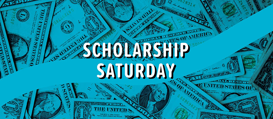 Blue-tinted cash flying around with the words Scholarship Saturday