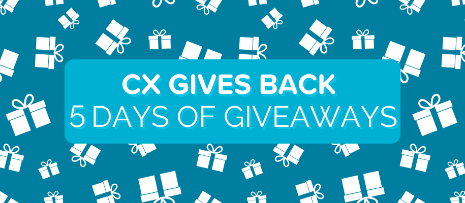 Dark blue background with presents and words 5 Days of CX Gives Back Giveaway